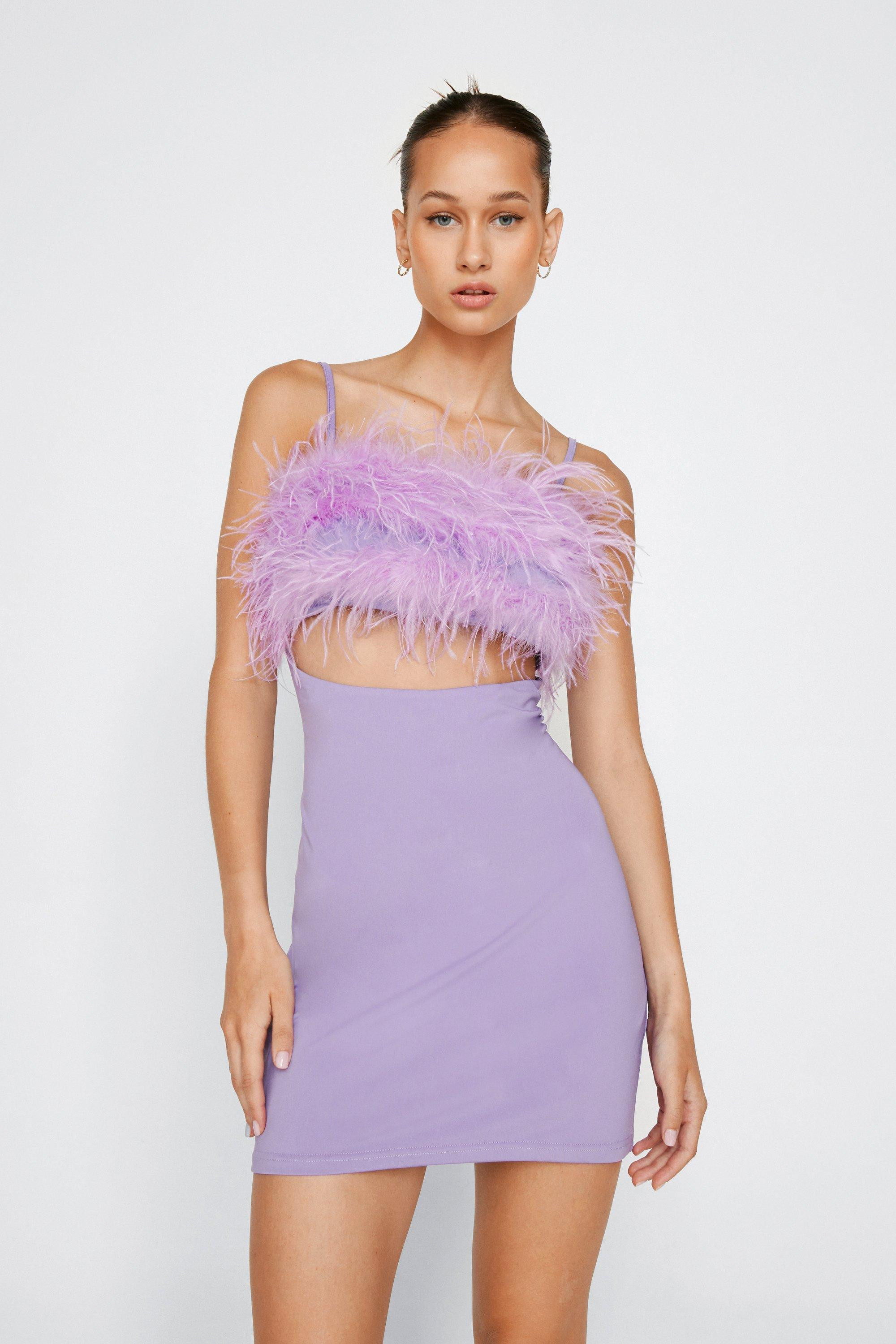 Womens Feather Trim Bodycon Mini Dress - Lilac - 6 | Nasty Gal (US)
