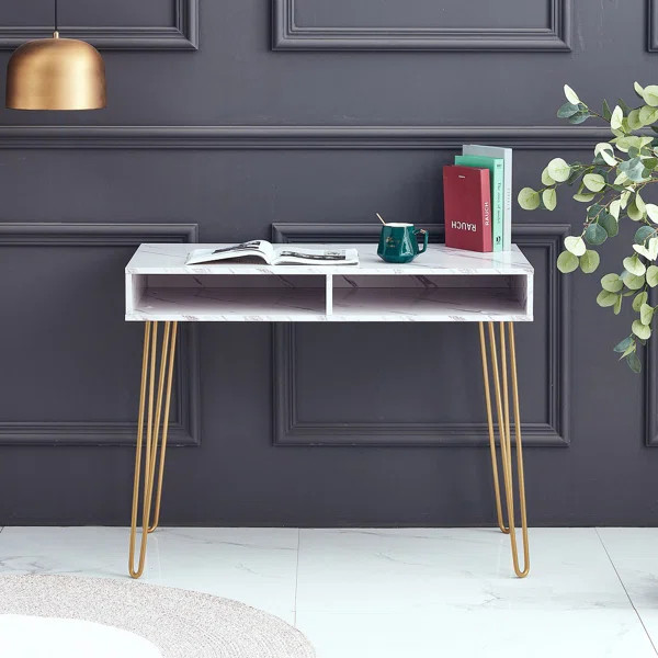 White Modern Marble Desk Consoles Table With Gold Metal Legs For Bedroom,Living Room,Dining Room | Wayfair North America