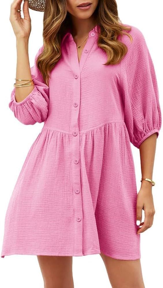 Dokotoo Women's Summer Dress V Neck 3/4 Puff Sleeve Button Down Cotton Shirts Dresses | Amazon (US)