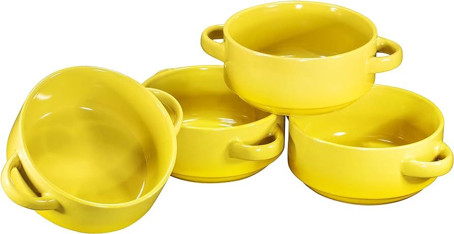Bruntmor 19 Oz Ceramic Soup Bowl With Handles Set of 4, 19 Ounces Large Ceramic Yellow French Oni... | Amazon (US)