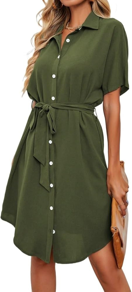 Women's 2024 casual Summer Shirt Dresses Short Sleeve Solid Color Dress | Amazon (US)