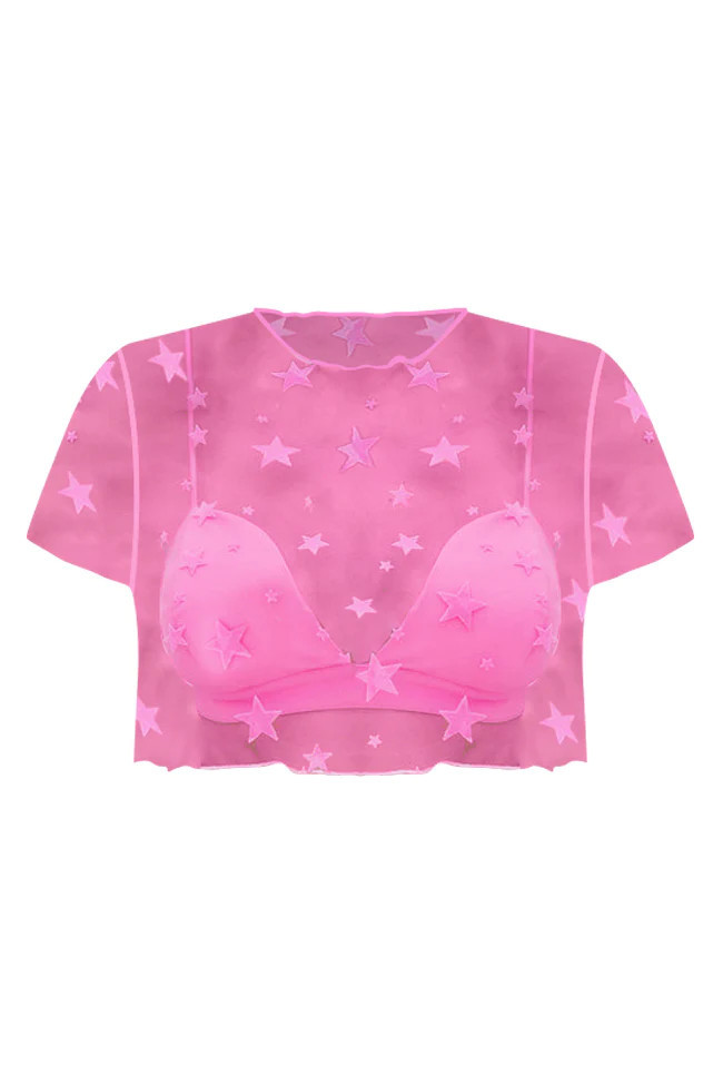Follow The Sparks Pink Star Mesh Crop Top With Bralette | Pink Lily