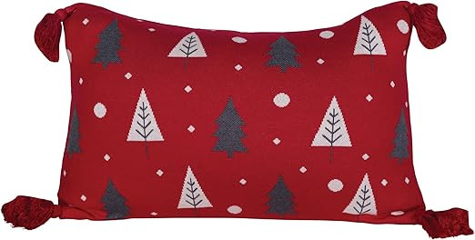 Creative Co-Op Cotton Knit Lumbar Trees & Tassels Pillows, Red, White & Grey | Amazon (US)
