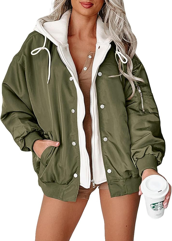 Kedera Womens Oversized Zip Bomber Jacket Long Sleeve Hooded Lightweight Quilted Cotton Jacket | Amazon (US)