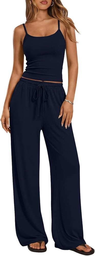 Trendy Queen Women's 2 Piece Lounge Set Summer Outfits - Camisole Top & Wide Leg Pants | Amazon (US)