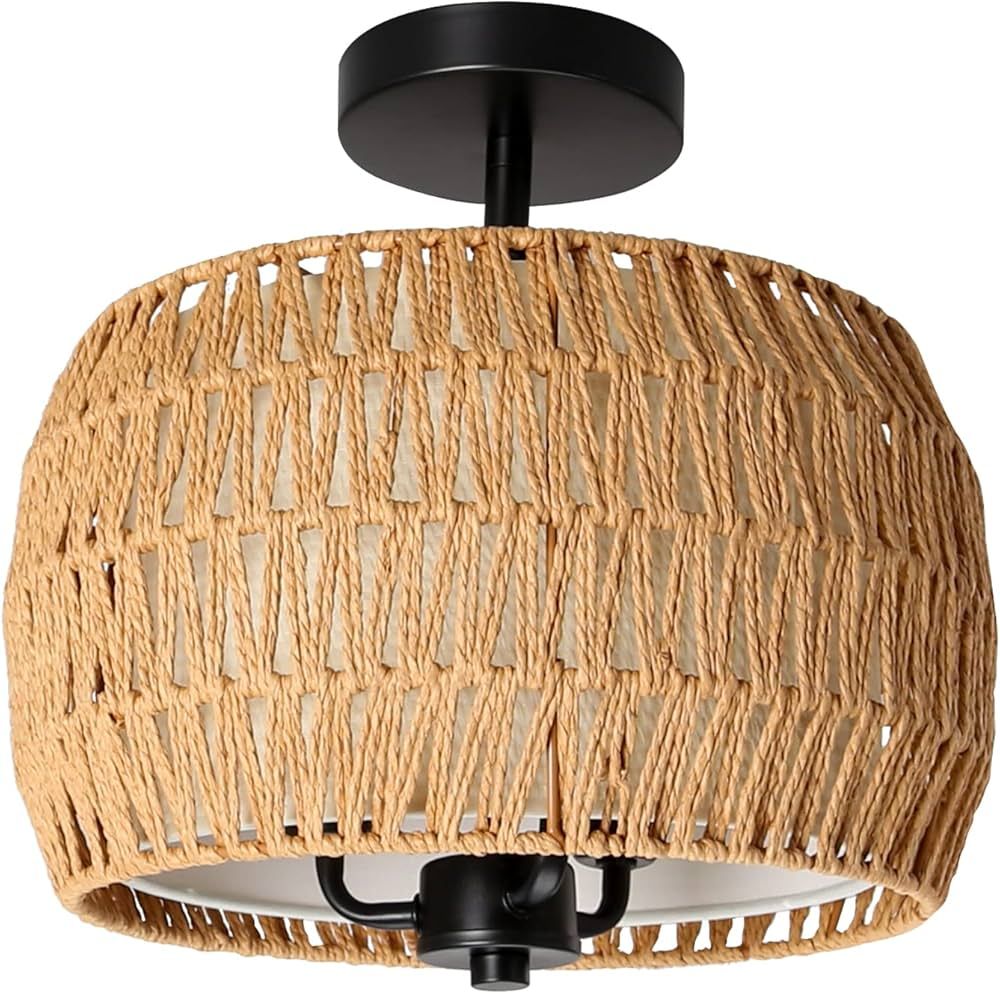 IBESTWIN Rattan 3-Light Rattan Chandelier, 3-Light Handmade Woven Boho Fabric Drum Ceiling Light ... | Amazon (US)