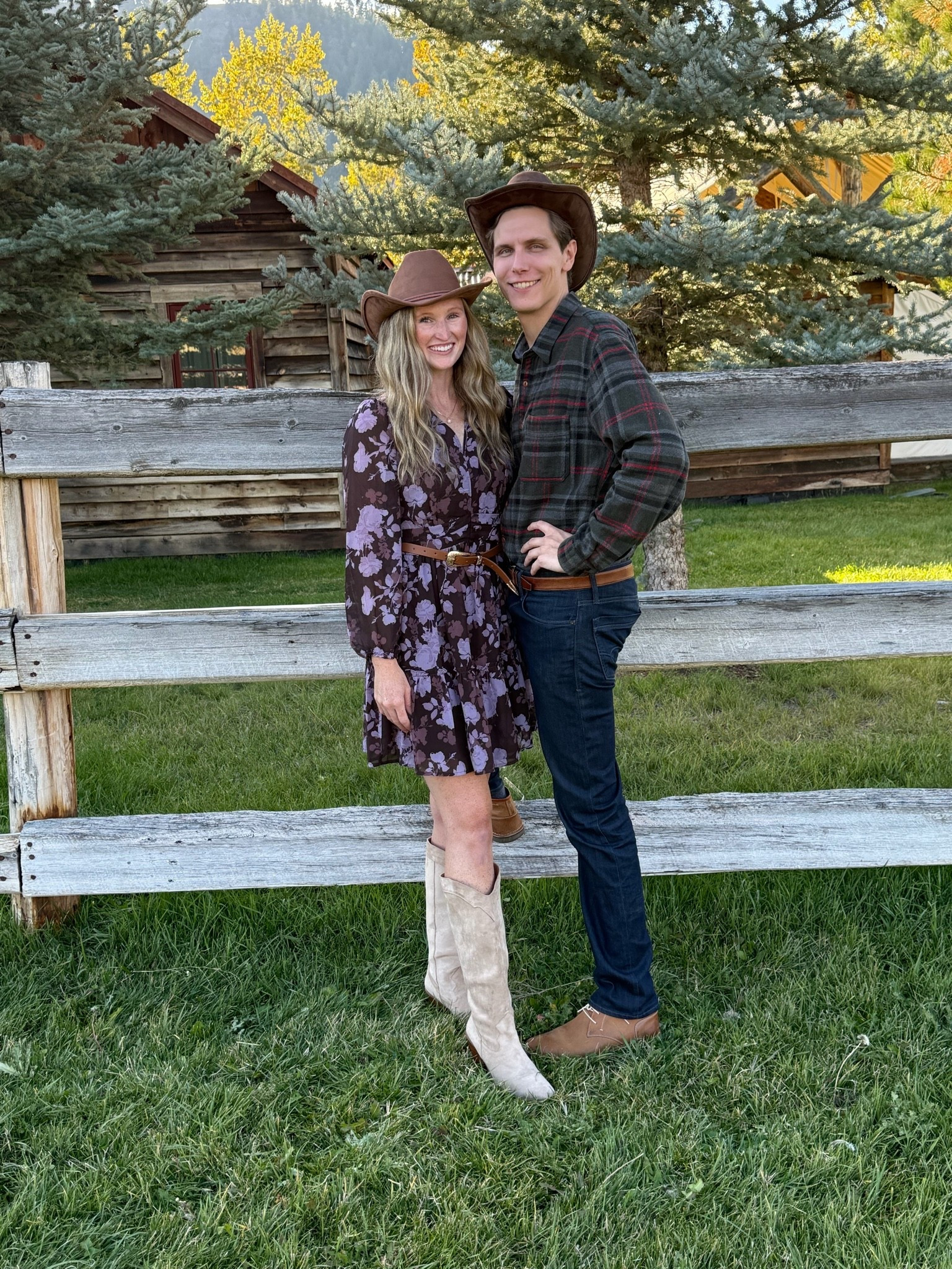 Tall girl approved western fall Montana outfit. Jackson hole or country concert outfit idea. Fall floral purple long sleeve dress with tan cowboy boots and brown cowboy hat

#LTKTall #LTKdayinmylife #LTKSeasonal