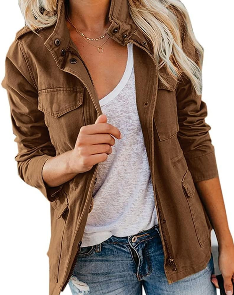 Soulomelody Women Military Anorak Jackets Zip Up Snap Buttons Parka Safari Utility Coats Outwear ... | Amazon (US)