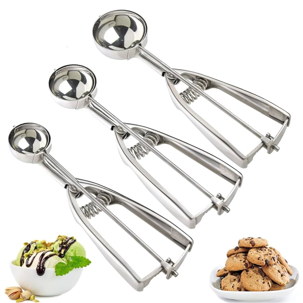 Ice Cream Scoop, 3Pcs Cookie Scoop Set, 18/8 Stainless Steel Cookie Dough Scoop, Cookie Scoops fo... | Amazon (US)