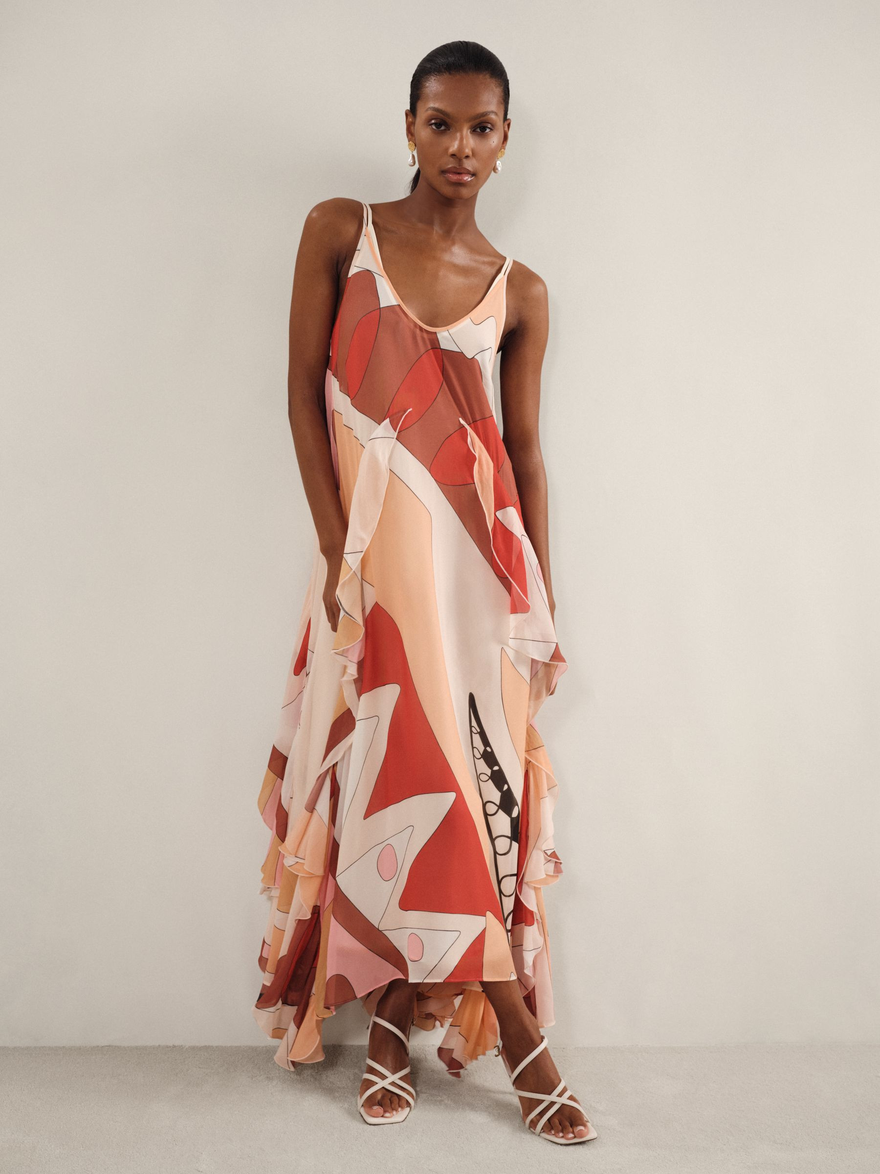 Printed Ruffle Trim Maxi Dress in Cream/Red | Reiss UK