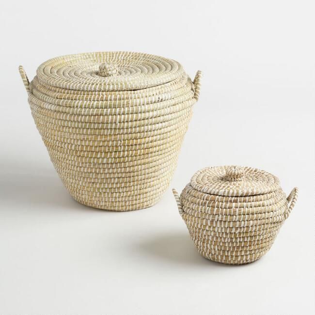 White and Natural Seagrass Paige Tote Baskets with Lids | World Market