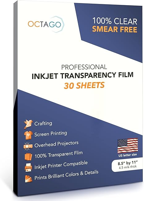 Octago Inkjet Transparency Paper (100% Clear) for Printers, Color Inkjet Transparency Film, Aceta... | Amazon (US)