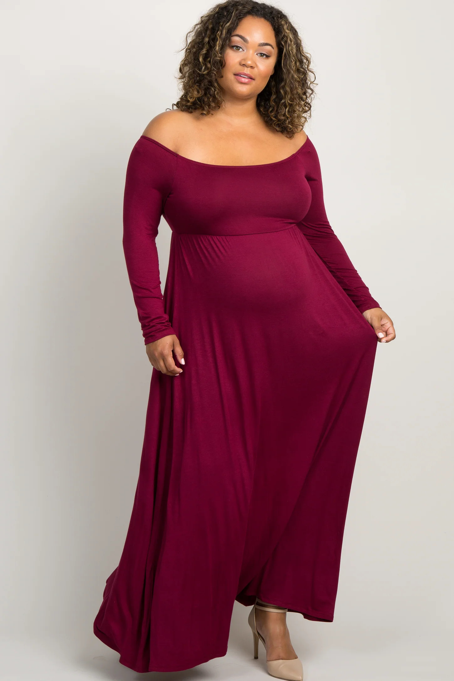 PinkBlush Ivory Solid Off Shoulder Plus Maternity Maxi Dress | PinkBlush Maternity