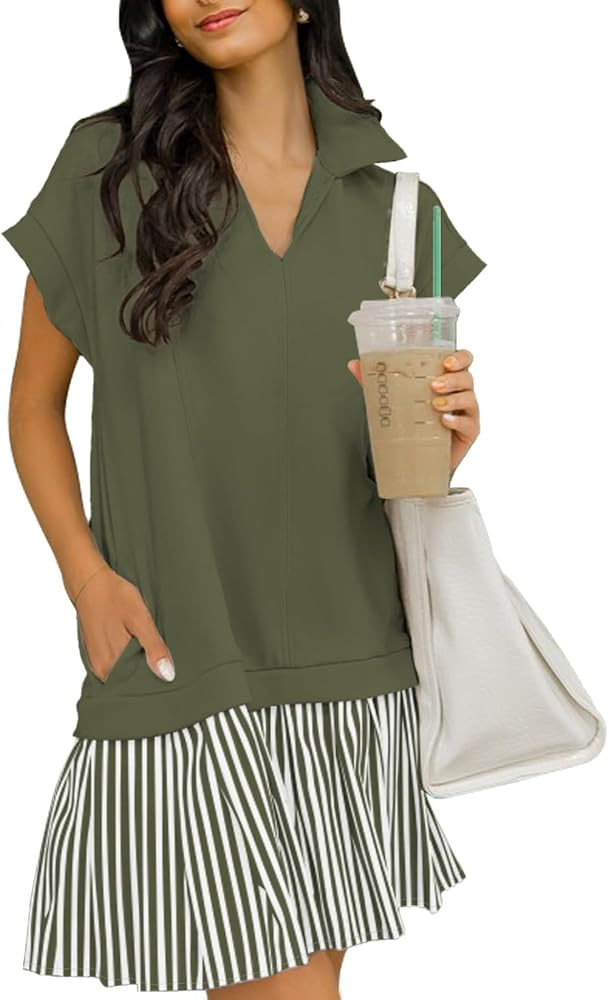 Women's V Neck Short Sleeve Summer Dress Patchwork Cap Sleeve Casual Loose Fit Pleated Striped Sh... | Amazon (US)