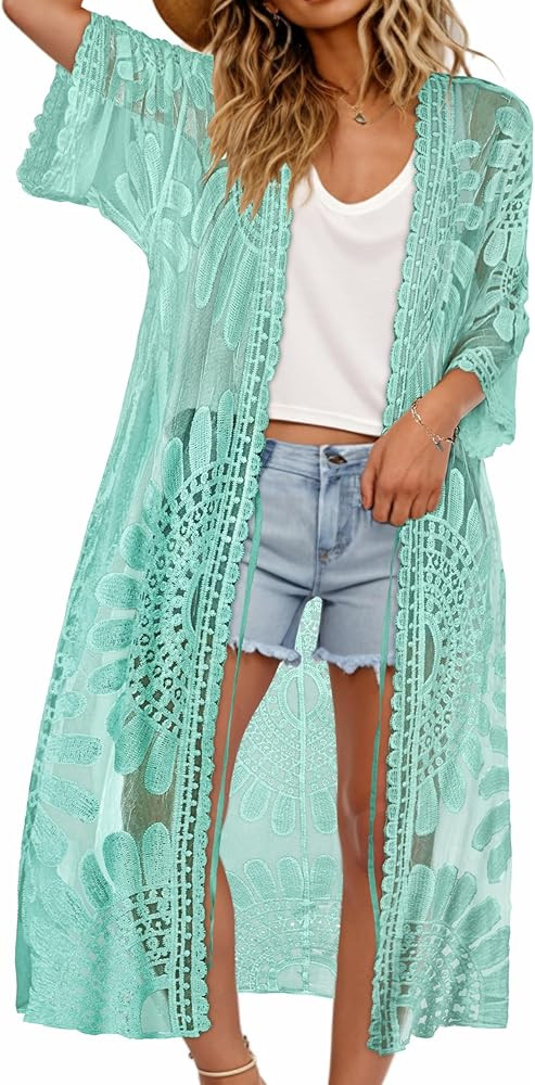 CHICGAL Womens Swimsuit Coverup Lace Bathing Suit Cover Up Beach Kimonos Long Cardigan Open Front Swimwear 2026 | Amazon (US)