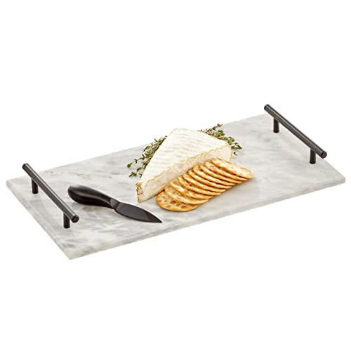 mDesign Thin Marble Pastry Board, Cutting Slab Kitchen Serving Tray with Deco Handles for Baking, Chopping, and Rolling - Serve Bread, Candy, Chocolate, Cheese, and Appetizers - Marble/Black | Amazon (US)