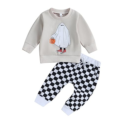 Adobabirl Toddler Baby Halloween Outfit Boy Girl Ghost Pumpkin Sweatshirt Checkered Pants Set Halloween Fall Baby Clothes (Halloween Checkered Outfit,3-6 Months) | Amazon (US)
