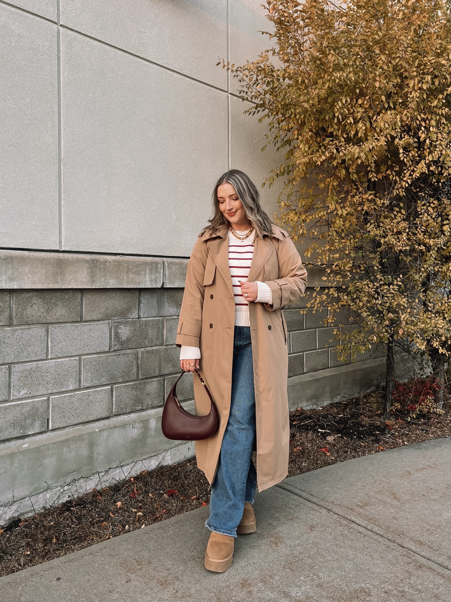 Simple fall to winter outfit! Wearing my usual size L in the striped sweater & trench coat (linked this year’s version). Wearing 32 in the jeans, could have done 31 but I like a looser fit for comfort. Ugg look for less boots are Amazon and holding up so well, I’ve had them for a year! I’m usually a 9.5-10 and wear a 10. Burgundy bag is Amazon too!


#LTKmidsize #LTKwinter #LTKfall