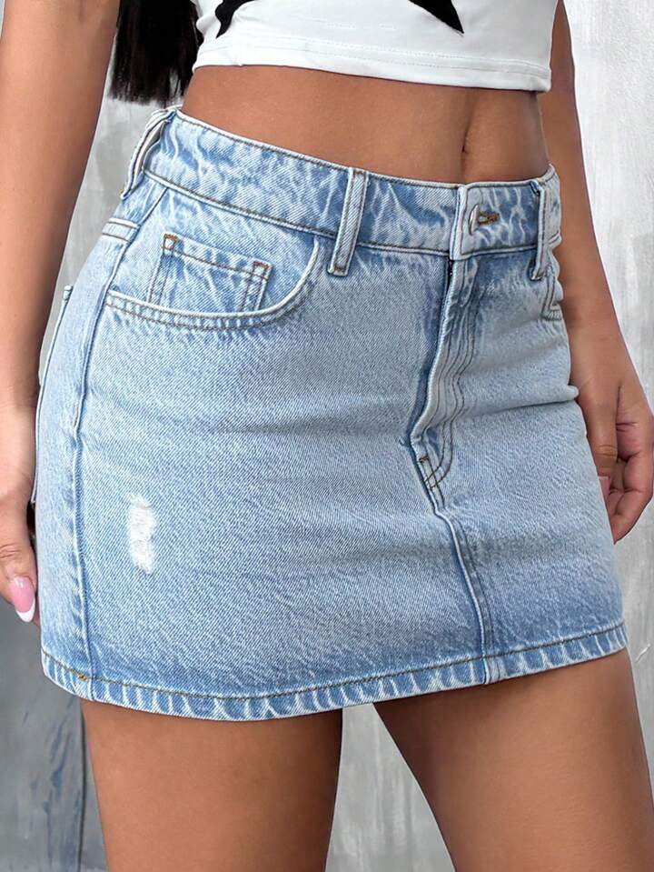 SHEIN Leicht Ausgefranster Denim Rock Mit Niedriger Taille | SHEIN