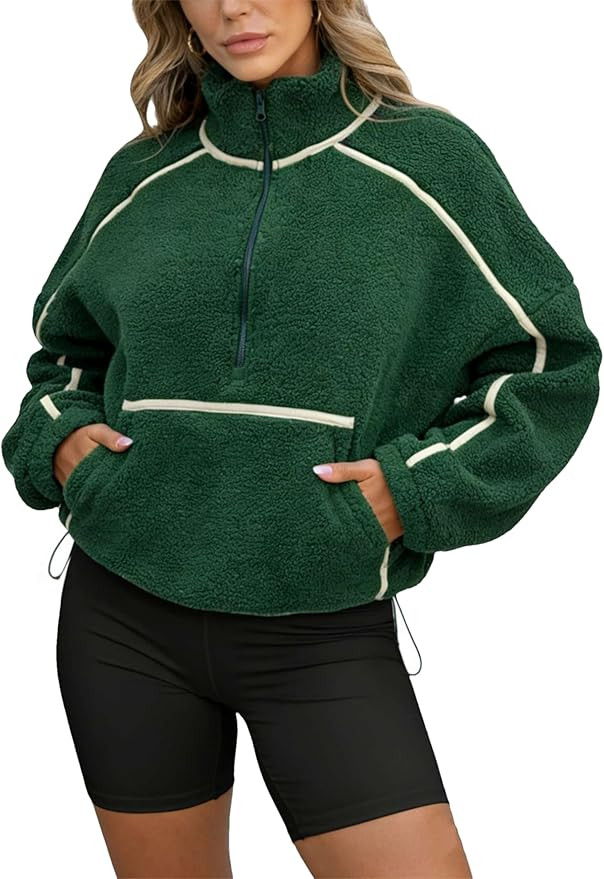 Women's Fleece Jacket Long Sleeve Half Zip Pullover Fuzzy Sherpa Sweatshirt Contrast Outerwear wi... | Amazon (US)