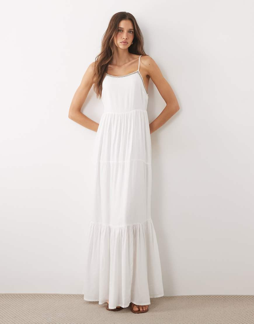Mango Teen tiered strappy maxi dress with embellished trim in white | ASOS (Global)