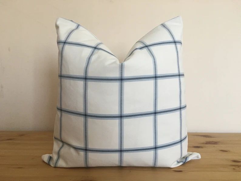 white pillow cover, coastal pillow, white blue stripe pillow, farmhouse cushion cover, windowpane... | Etsy (US)