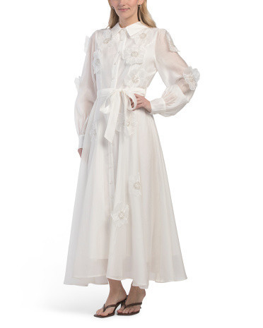 Long Sleeve Floral Applique Maxi Dress For Women, Spandex/Polyester | TJ Maxx