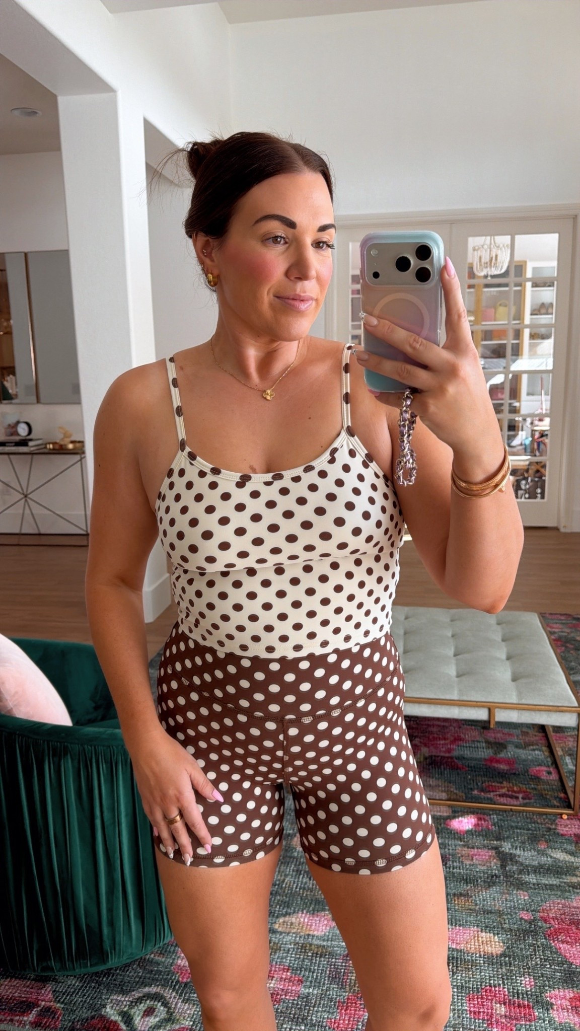curvy midsize fitness workout look! obsessed with the polka dot print 😍 in the large in top and shorts. jus FYI the top is lined with a bra shelf, but no pads  

#LTKActive #LTKMidsize #LTKfitnessgoals