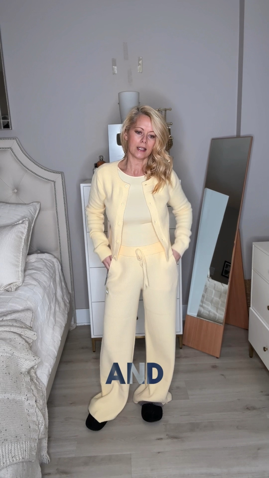 The cutest butter yellow lounge set. I’m obsessed. 
Wide leg soft and cozy high waisted pant with sweater material, elastic tie waist and pockets. 
The low back candlelight yellow tank top fits like a glove. 
The cropped cozy yellow cardigan is so comfortable and chic. 

Im wearing an XS in everything  

#LTKgrwm #LTKmomlife #LTKootd