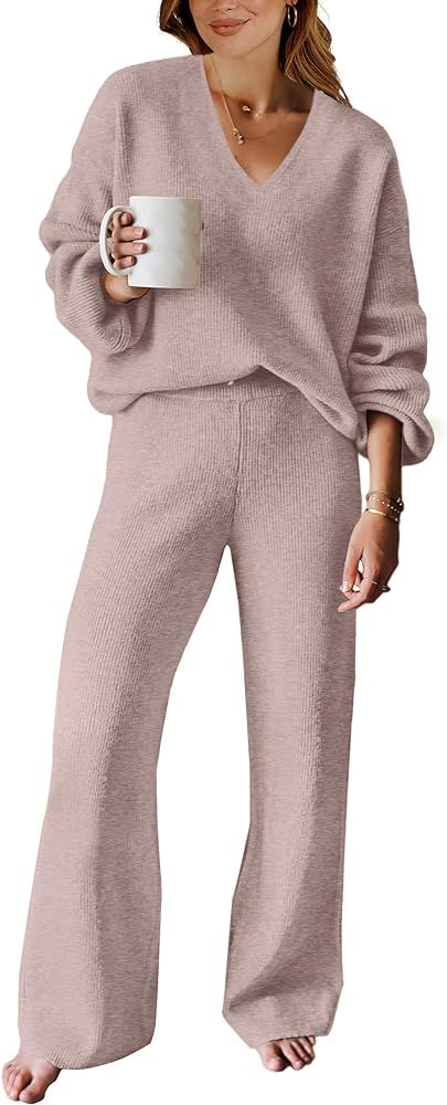 ANRABESS Women's 2 Piece Outfits Sweater Lounge Sets V Neck Knit Pullover Wide Leg Pants Tracksui... | Amazon (US)