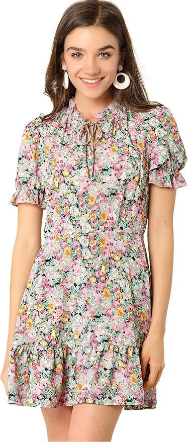 Allegra K Women's Summer Chiffon Dress Ruffle Tie Neck Puff Short Sleeve Floral Dress | Amazon (US)