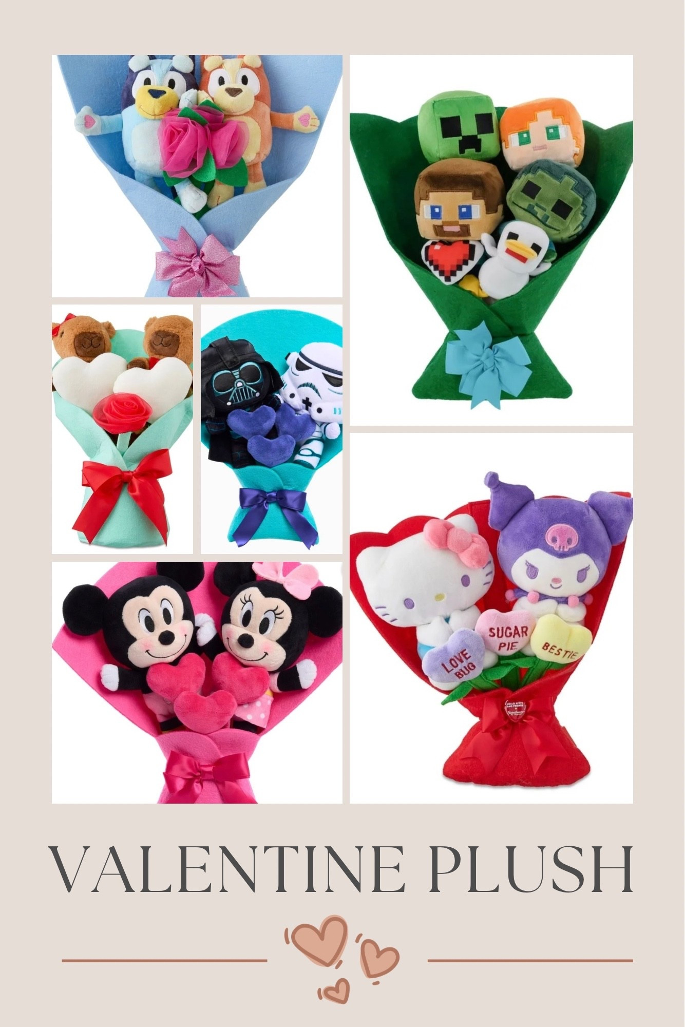 Valentine plush bouquet, Walmart finds, Walmart Valentine’s Day, Valentine’s Day, bluey, mine craft, star wars, hello kitty, Mickey & Minnie, hello kitty, Valentine finds

#LTKGiftGuide #LTKFindsUnder50 #LTKSeasonal