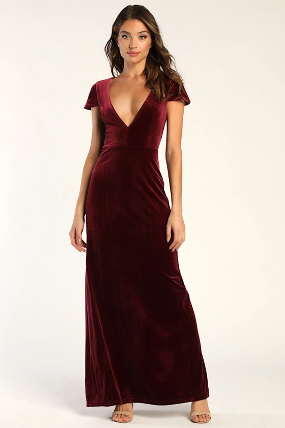 Feeling Flawless Burgundy Velvet V-Neck Maxi Dress | Lulus (US)