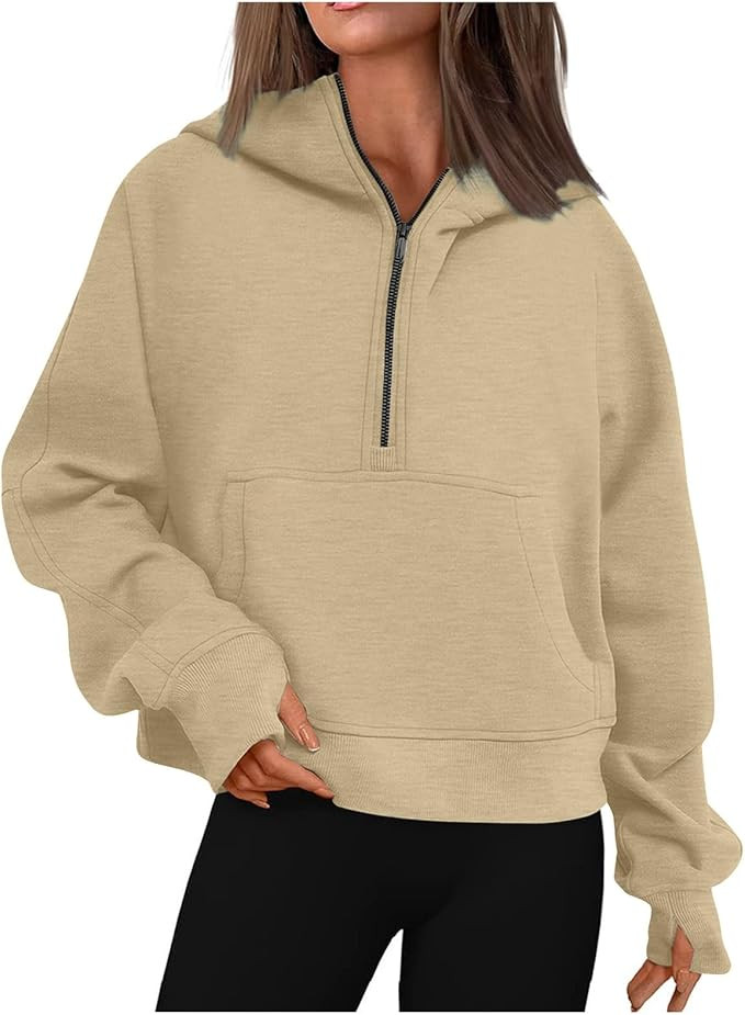 Jielayou Womens Quarter Zip Pullover with Thumb Hole Casual Half Zip Hoodies Fall Fleece Cropped ... | Amazon (US)