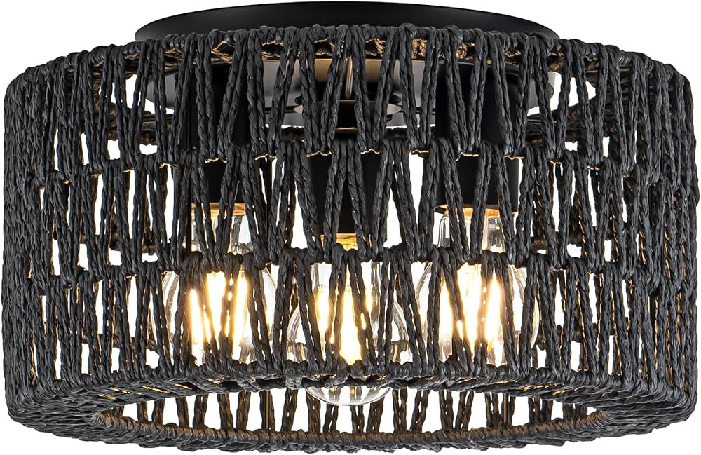 Rattan Ceiling Light Fixture, 3-Light Bohemian Modern Woven Ceiling Light, Black Boho Flush Mount... | Amazon (US)