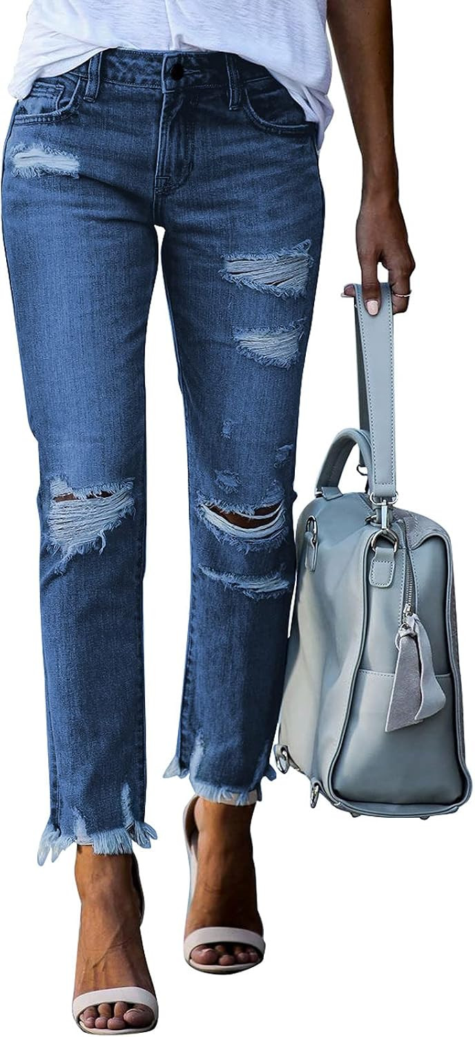 Dokotoo Women's Patchwork Destroyed Raw Hem Jeans Ripped Hole Boyfriend Denim Pants | Amazon (US)