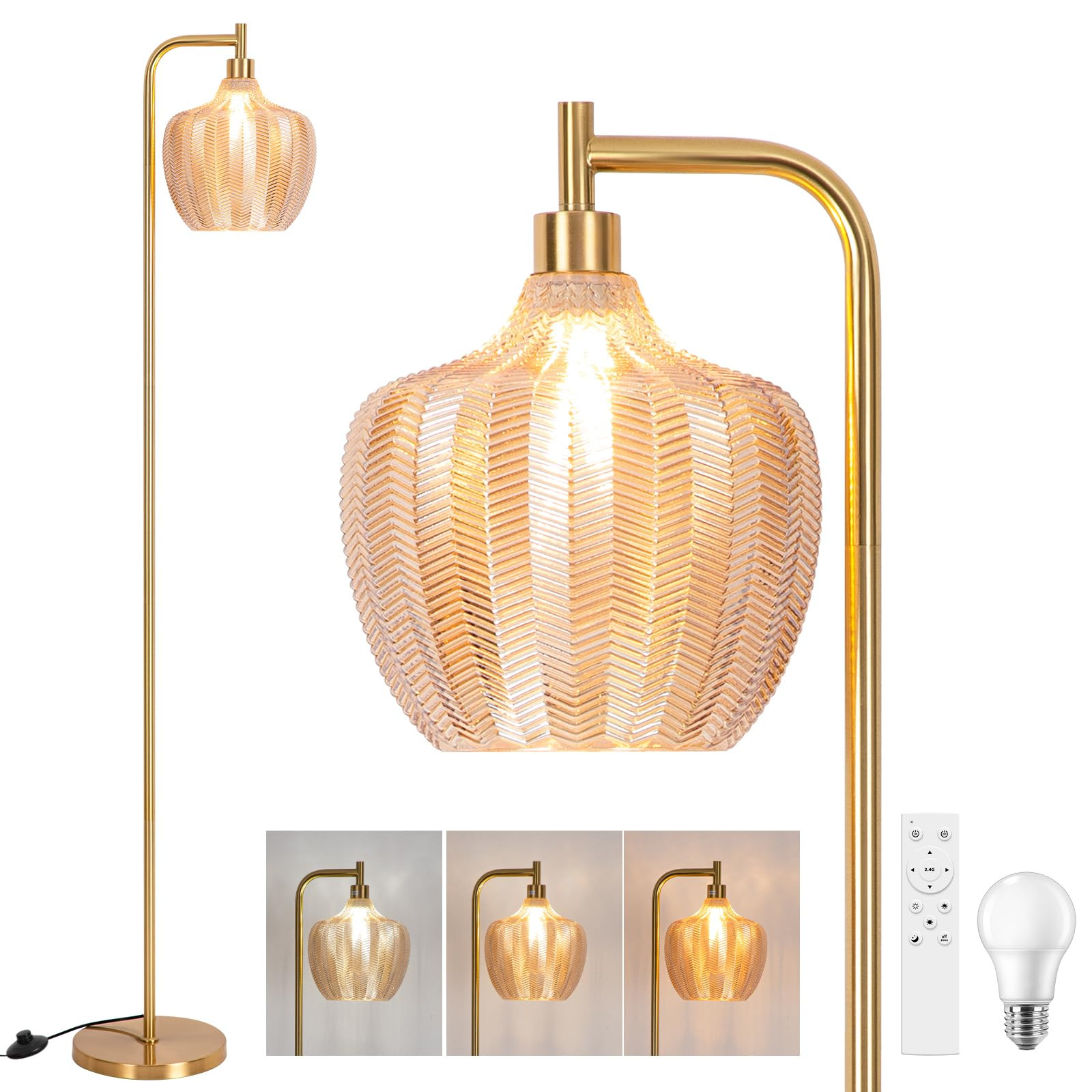 Gold Floor Lamp for Living Room, Modern Glass Standing Lamp with Remote, Dimmable Amber Lampshade... | Amazon (US)