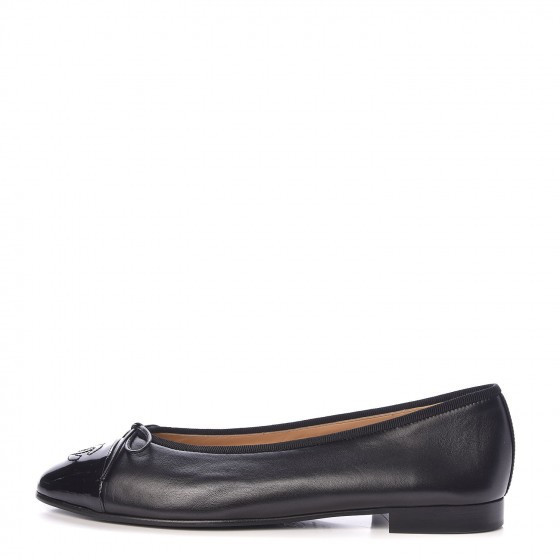 CHANEL Lambskin Patent Cap Toe Ballerina Flats 38.5 Black | Fashionphile