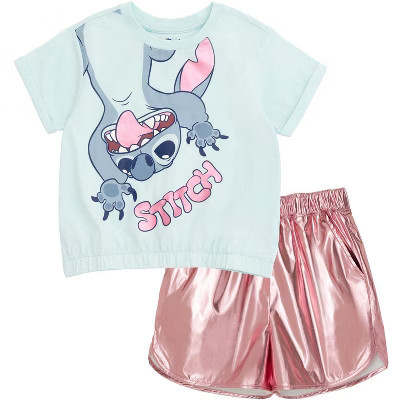 Disney Lilo & Stitch Little Girls Crop Top T-Shirt and Shorts Outfit Set Light Aqua / Pink Stitch 5 | Target