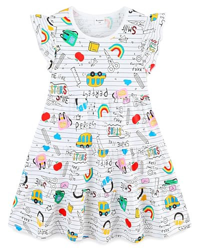 Toddler Girl's Back to School Dress Short Sleeve Tiered Cotton Doodle Printed Casual Outfit Apple Pencils Rainbow 5t | Amazon (US)