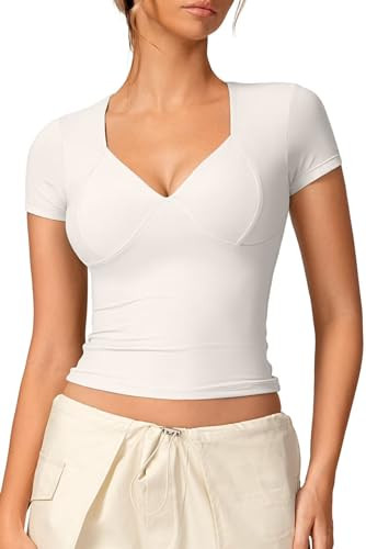 Vertvie Women's Double Lined Short Sleeve Top V Neck Slim Fit T Shirts Cute Summer Basic Tees Y2K... | Amazon (US)