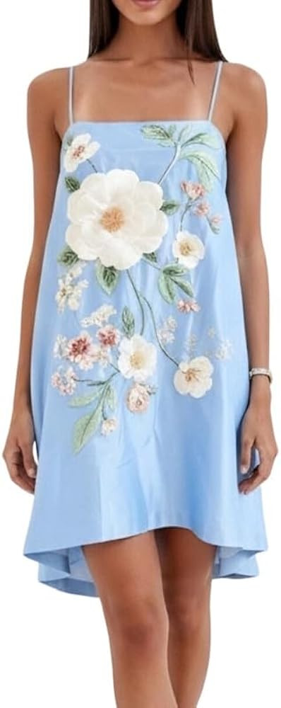 Women Boho Floral Mini Cami Dress Spaghetti Strap Flowy Sling Dress Graphic Backless Summer Holid... | Amazon (US)