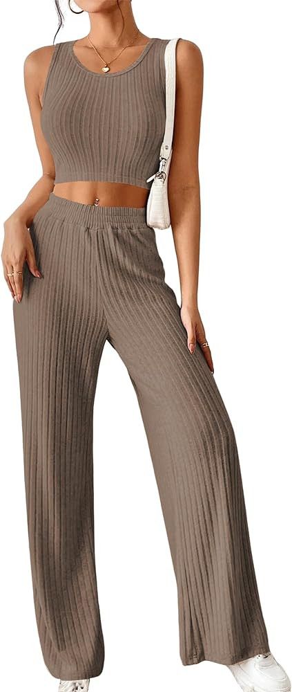 Women Two Piece Pajamas Set Solid Ribbed Knit Crop Tank Top Wide Leg Pants Loungewear Set | Amazon (US)