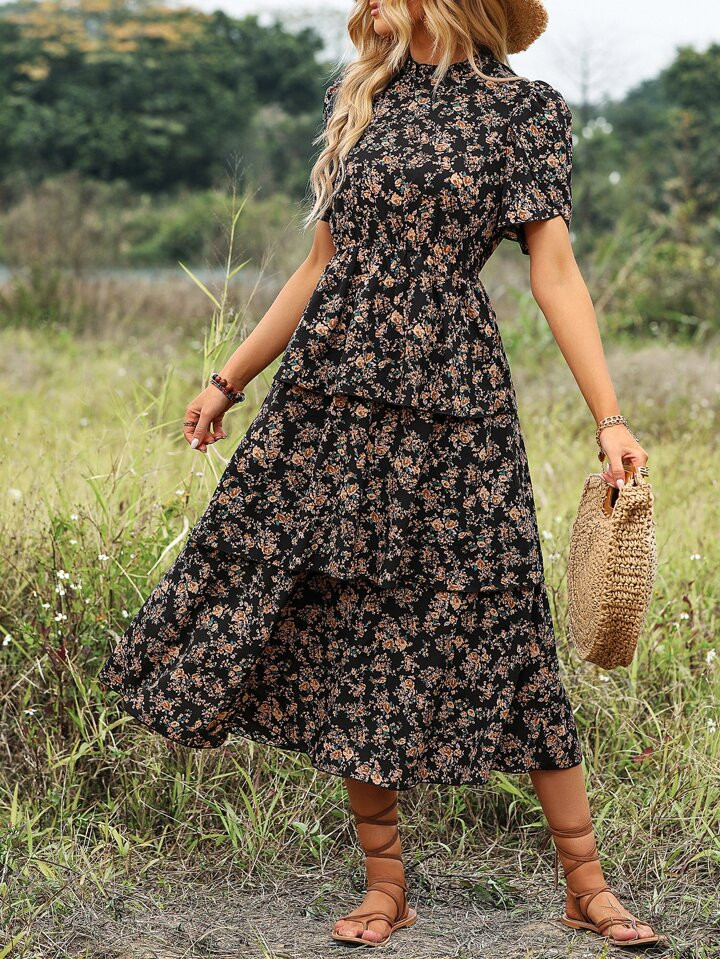 SHEIN Clasi Ditsy Floral Print Petal Sleeve Layered Hem Dress | SHEIN