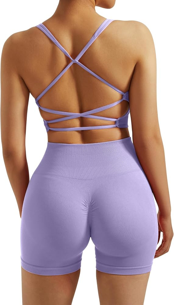 RXRXCOCO Seamless Workout Sets for Women 2 Piece Strappy Sports Bras Scrunch Butt Booty Shorts Ma... | Amazon (US)