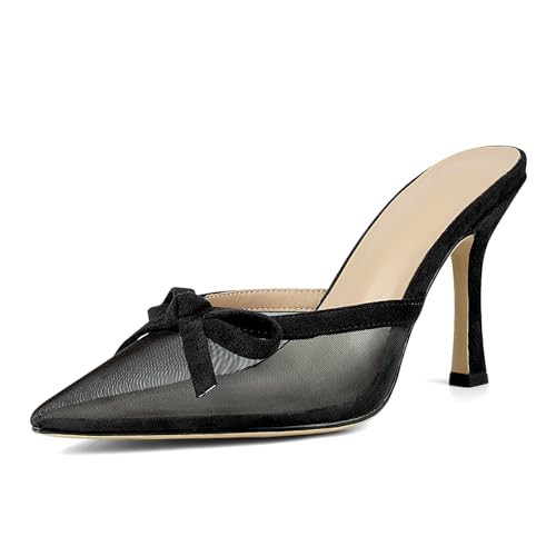 XUNHGAXE Kitten Heels Mules for Women Pointed Closed Toe Slip on Stiletto Heels Sexy Dressy Pumps Shoes Vintage Trendy-Black-8.5 | Amazon (US)