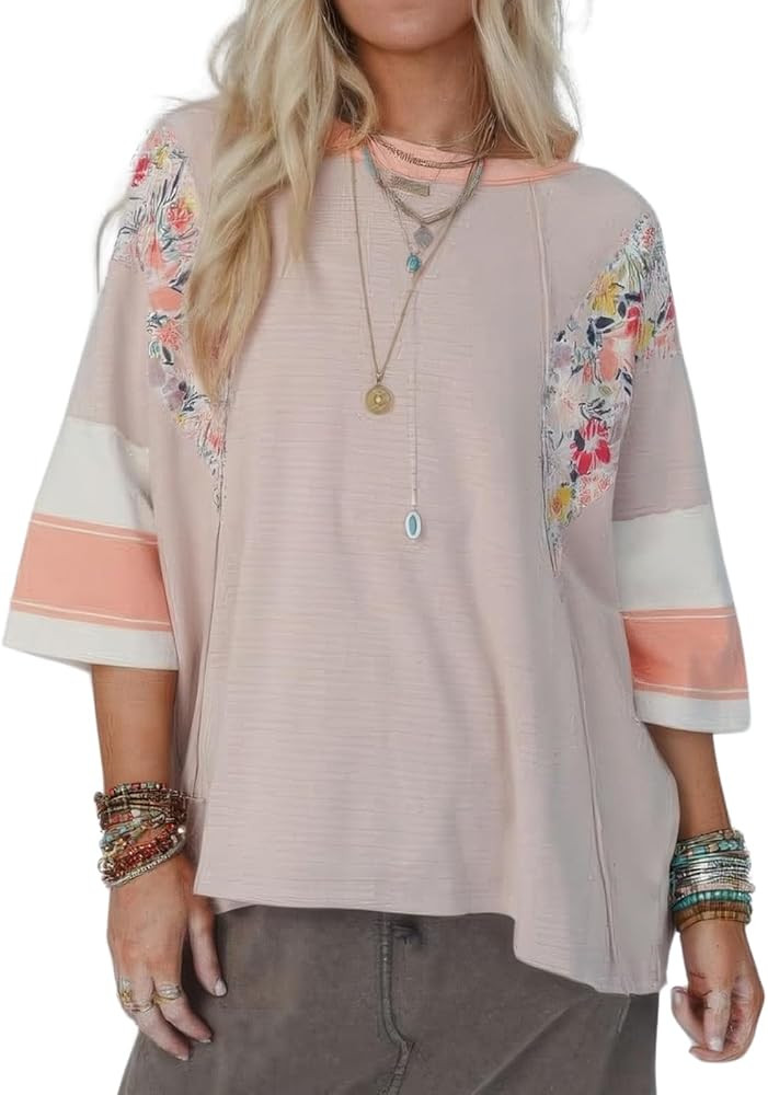ebossy Womens Oversized 3/4 Length Sleeve Shirt Y2K Floral Striped Patchwork Baggy Tee 2025 Trend... | Amazon (US)