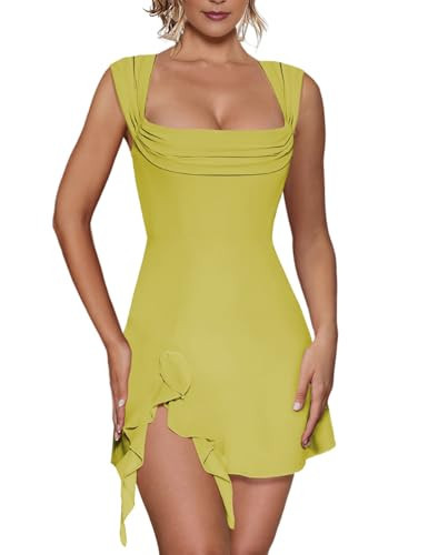 HESUUIO Women Sleeveless Mini Dress Sexy Elegant Square Neck Slit Ruffle Bodycon Short Graduation Party Dress Yellow Green | Amazon (US)