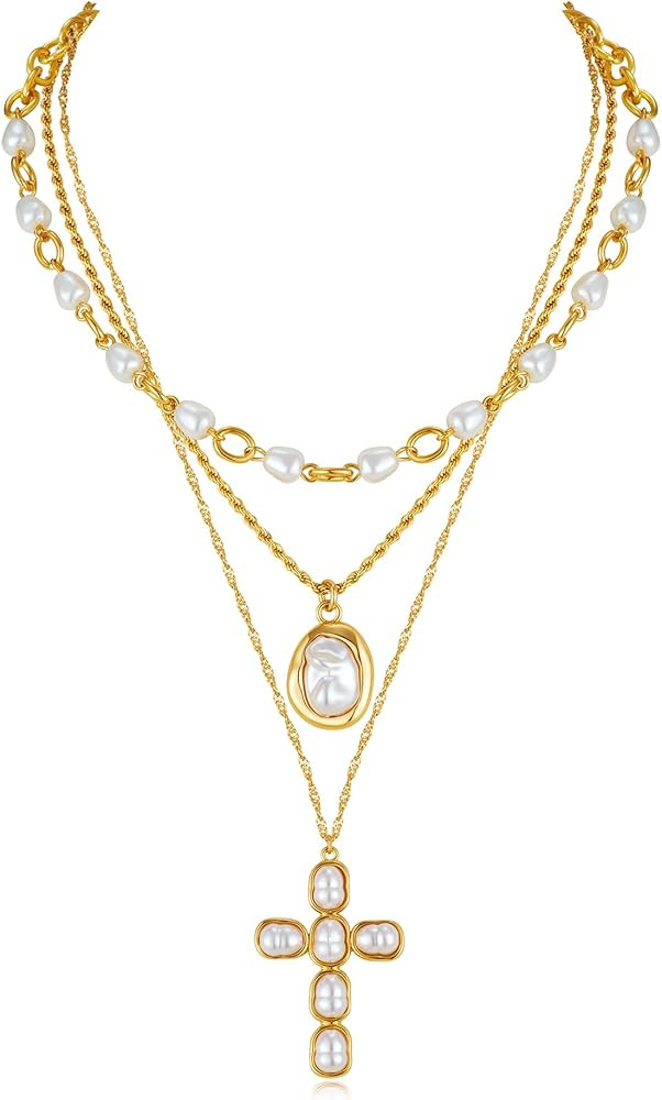LILIE&WHITE Gold Layered Necklace for Women Chic Imitation Pearl Cross Necklaces Stackable Multi ... | Amazon (US)