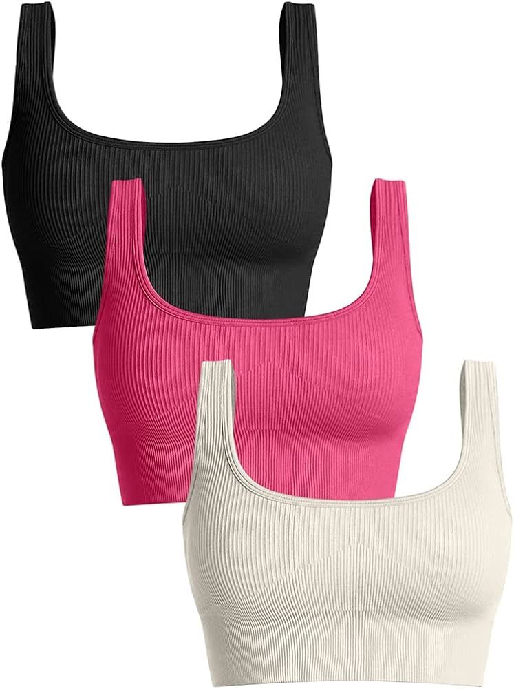 OQQ Women's 3 Piece Medium Support Tank Top Ribbed Seamless Removable Cups Workout Exercise Sport Br | Amazon (US)